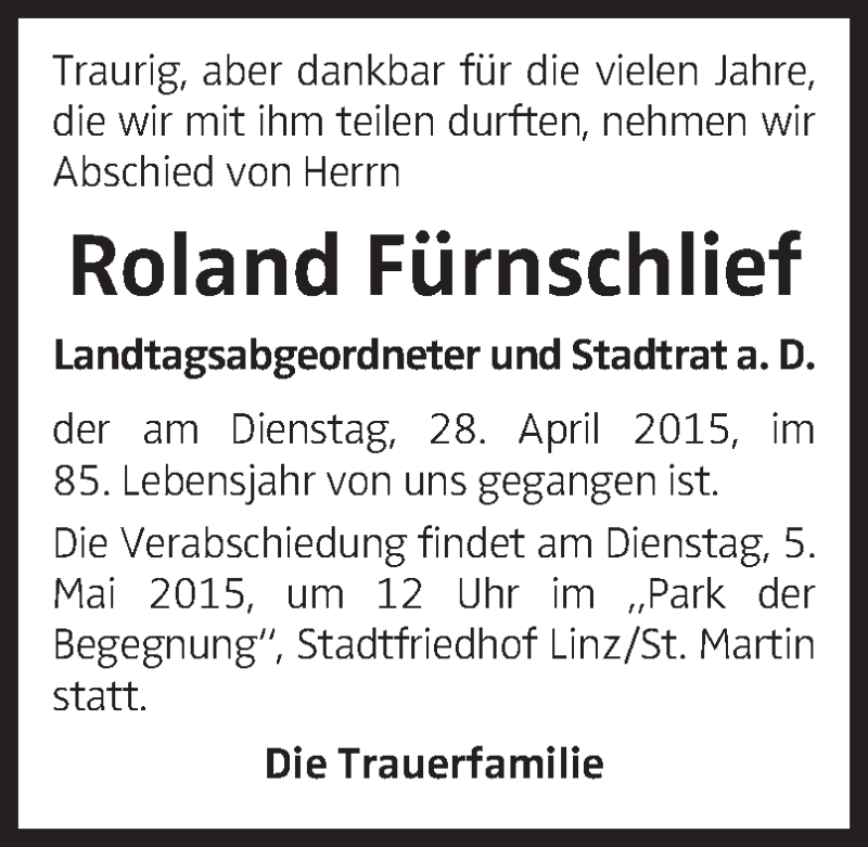  Traueranzeige für Roland Fürnschlief vom 02.05.2015 aus OÖNachrichten
