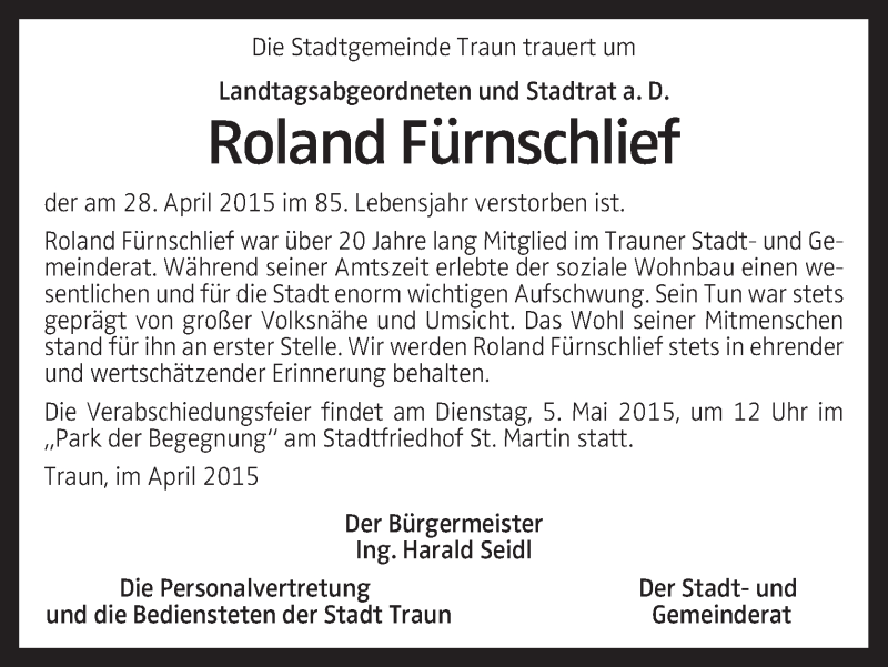  Traueranzeige für Roland Fürnschlief vom 02.05.2015 aus OÖNachrichten