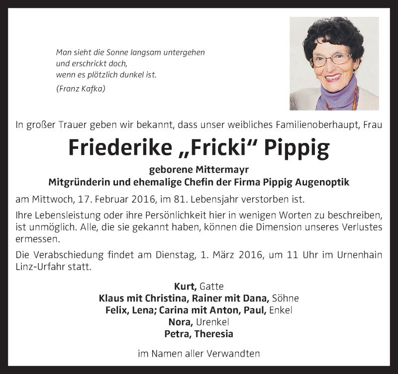  Traueranzeige für Friederike Fricki Pippig vom 26.02.2016 aus OÖNachrichten