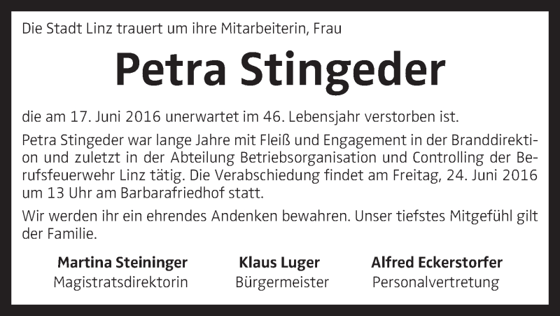  Traueranzeige für Petra Stingeder vom 22.06.2016 aus OÖNachrichten