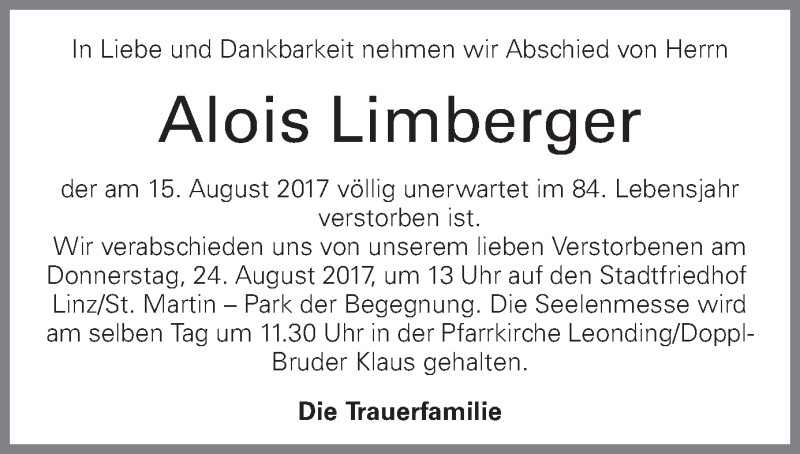  Traueranzeige für Alois Limberger vom 19.08.2017 aus OÖNachrichten