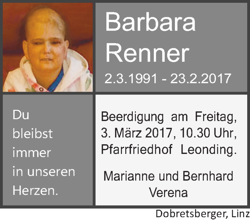  Traueranzeige für Barbara Renner vom 25.02.2017 aus OÖNachrichten