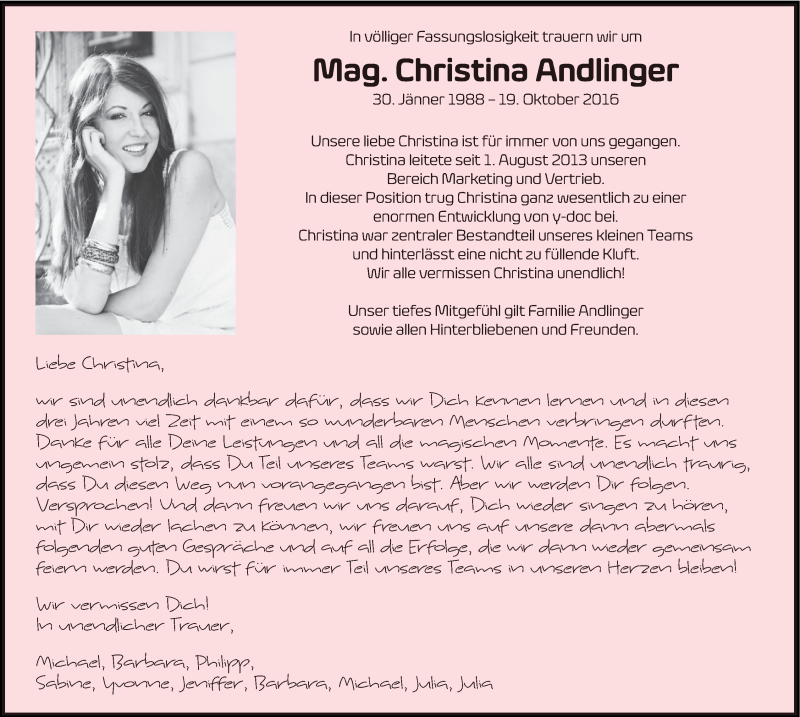  Traueranzeige für Christina Andlinger vom 29.10.2016 aus OÖNachrichten