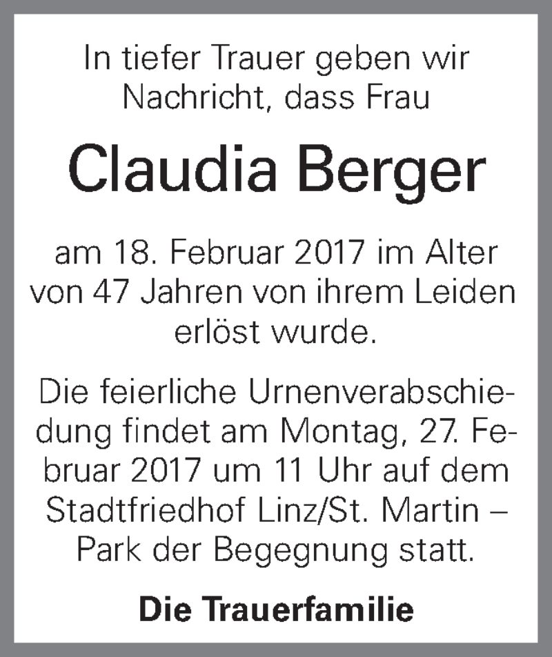  Traueranzeige für Claudia Berger vom 23.02.2017 aus OÖNachrichten