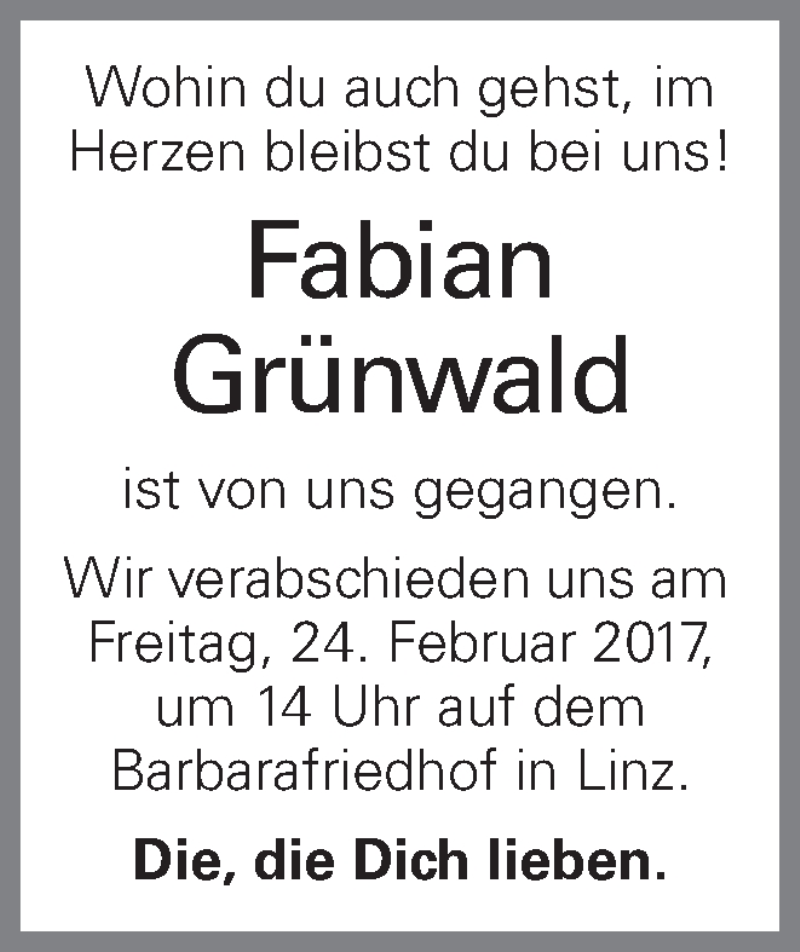  Traueranzeige für Fabian Grünwald vom 22.02.2017 aus OÖNachrichten