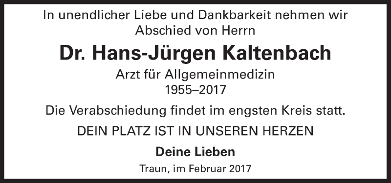  Traueranzeige für Hans-Jürgen Kaltenbach vom 18.02.2017 aus OÖNachrichten
