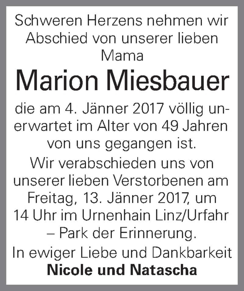  Traueranzeige für Marion Miesbauer vom 11.01.2017 aus OÖNachrichten