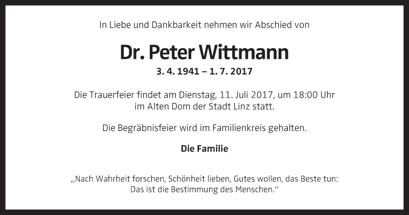  Traueranzeige für Peter Wittmann vom 08.07.2017 aus OÖNachrichten