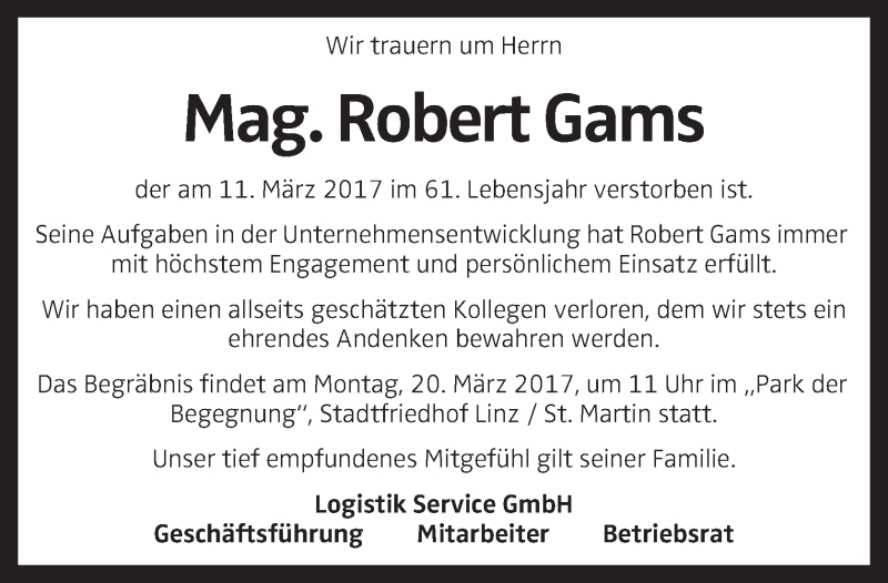  Traueranzeige für Robert Gams vom 17.03.2017 aus OÖNachrichten