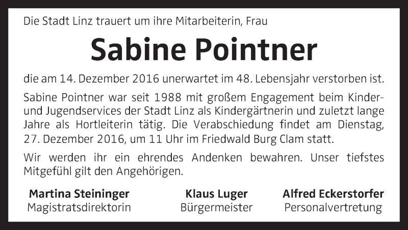  Traueranzeige für Sabine Pointner vom 17.12.2016 aus OÖNachrichten