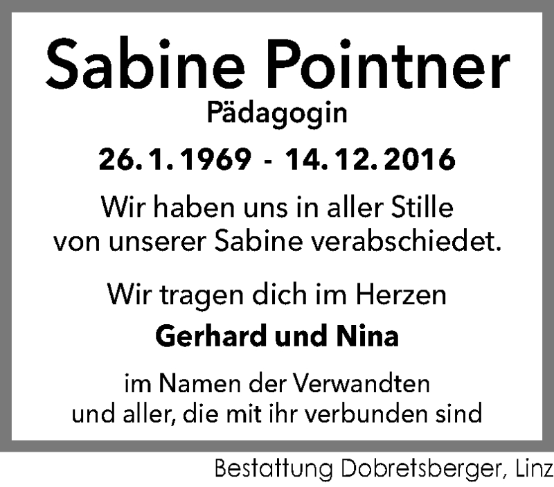  Traueranzeige für Sabine Pointner vom 17.12.2016 aus OÖNachrichten