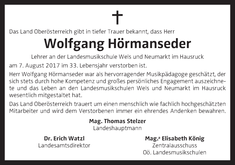  Traueranzeige für Wolfgang Hörmanseder vom 16.08.2017 aus OÖNachrichten