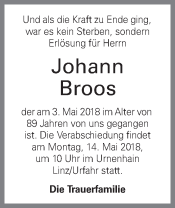 Traueranzeige von Johann Broos von OÖNachrichten