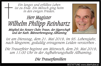 Traueranzeige von Wilhelm Philipp Reinhartz von OÖNachrichten