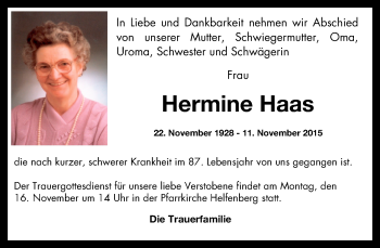 Traueranzeige von Hermine Haas von OÖNachrichten