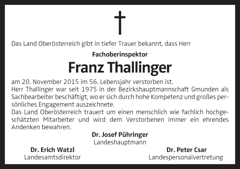  Traueranzeige für Franz Thallinger vom 25.11.2015 aus OÖNachrichten
