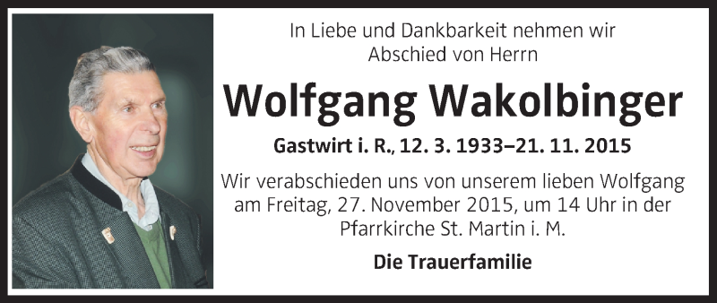  Traueranzeige für Wolfgang Wakolbinger vom 24.11.2015 aus OÖNachrichten