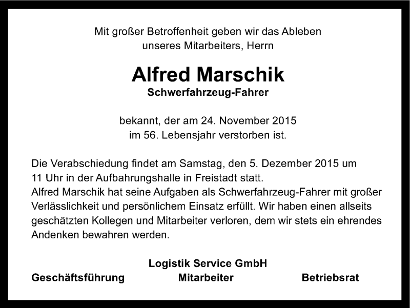  Traueranzeige für Alfred Marschik vom 28.11.2015 aus OÖNachrichten