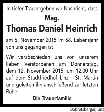 Traueranzeige von Thomas Daniel Heinrich von OÖNachrichten