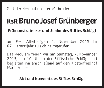 Traueranzeige von Bruno Josef Grünberger von OÖNachrichten