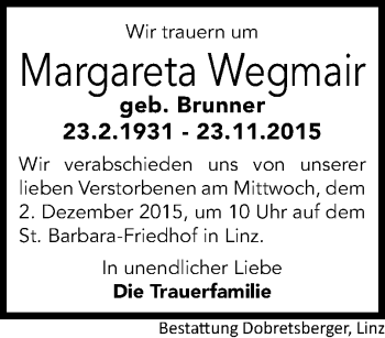 Traueranzeige von Margareta Wegmair von OÖNachrichten