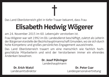 Traueranzeige von Elisabeth Hedwig Wögerer von OÖNachrichten