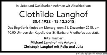 Traueranzeige von Clothilde Langhof von OÖNachrichten