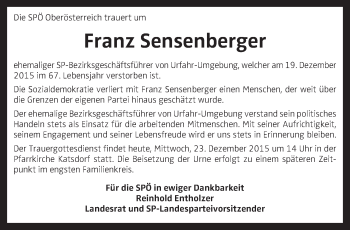 Traueranzeige von Franz Sensenberger von OÖNachrichten