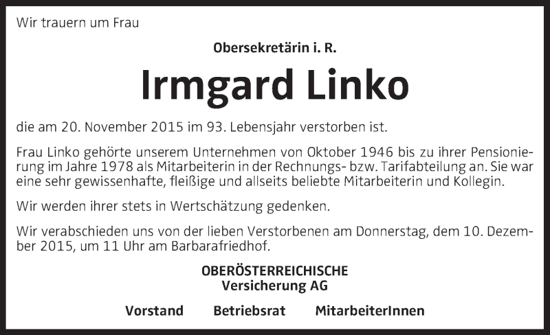  Traueranzeige für Irmgard Linko vom 07.12.2015 aus OÖNachrichten