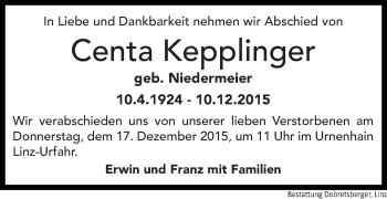 Traueranzeige von Centa Kepplinger von OÖNachrichten