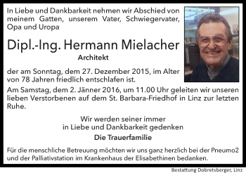 Traueranzeige von Hermann Mielacher von OÖNachrichten