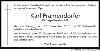 Traueranzeige von Karl Pramendorfer von OÖNachrichten