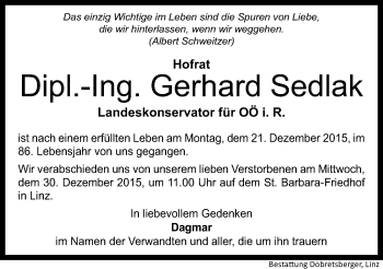 Traueranzeige von Gerhard Sedlak von OÖNachrichten