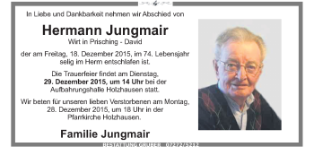 Traueranzeige von Hermann Jungmair von OÖNachrichten