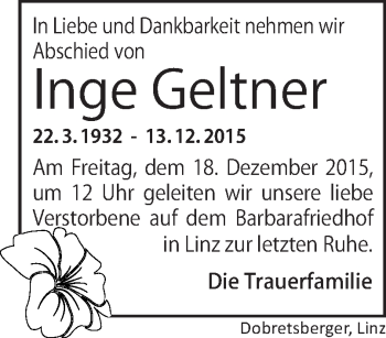 Traueranzeige von Inge Geltner von OÖNachrichten