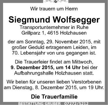 Traueranzeige von Siegmund Wolfsegger von OÖNachrichten
