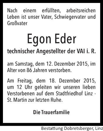 Traueranzeige von Egon Eder von OÖNachrichten