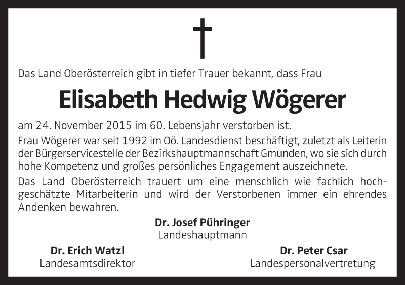  Traueranzeige für Elisabeth Hedwig Wögerer vom 03.12.2015 aus OÖNachrichten