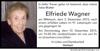 Traueranzeige von Elfriede Wagner von OÖNachrichten