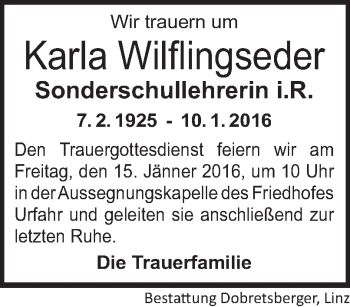 Traueranzeige von Karla Wilflingseder von OÖNachrichten