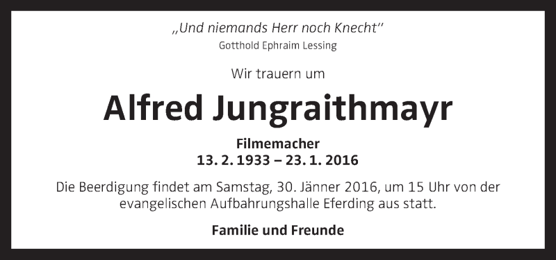  Traueranzeige für Alfred Jungraithmayr vom 28.01.2016 aus OÖNachrichten