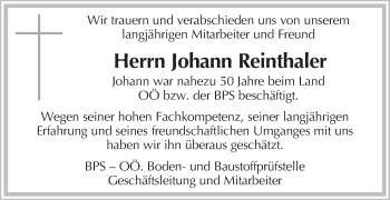 Traueranzeige von Johann Reinthaler von OÖNachrichten