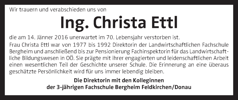  Traueranzeige für Christa Ettl vom 27.01.2016 aus OÖNachrichten
