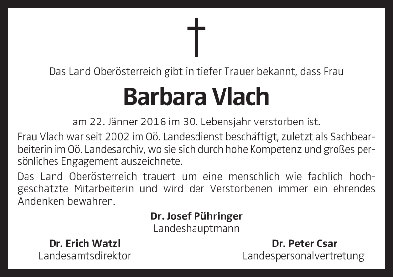  Traueranzeige für Barbara Vlach vom 28.01.2016 aus OÖNachrichten