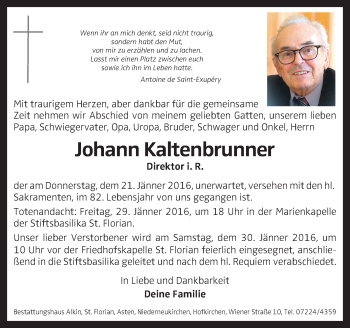 Traueranzeige von Johann Kaltenbrunner von OÖNachrichten