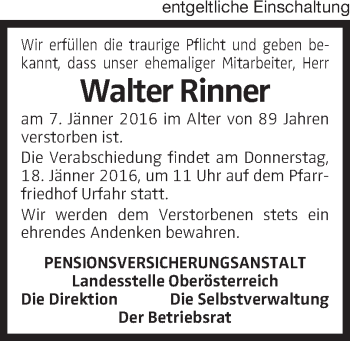 Traueranzeige von Walter Rinner von OÖNachrichten
