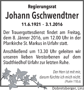Traueranzeige von Johann Gschwendtner von OÖNachrichten