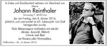 Traueranzeige von Johann Reinthaler von OÖNachrichten