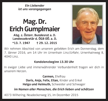 Traueranzeige von Erich Gumplmaier von OÖNachrichten