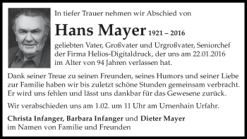Traueranzeige von Hans Mayer von OÖNachrichten